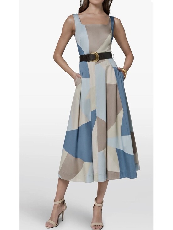Donna Karan Dresses & Skirts - New Donna Karan Abstract Pleated Sleeveless Belted Cotton Dress Sz 14 $189